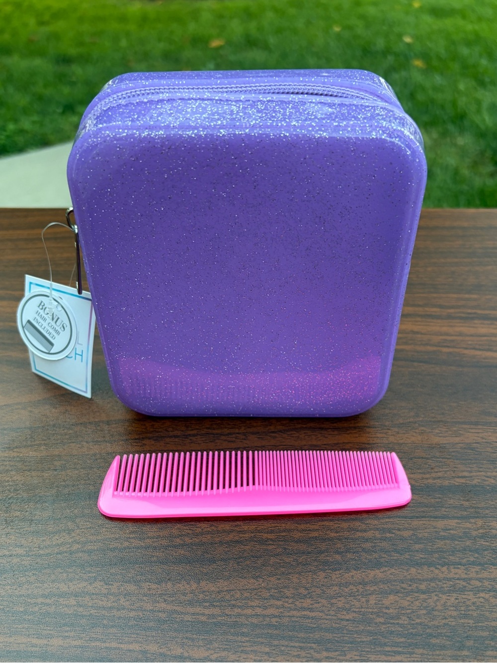 Gina Concepts Purple Glitter Travel Cosmetic Pouch Bonus Pink Comb NWT